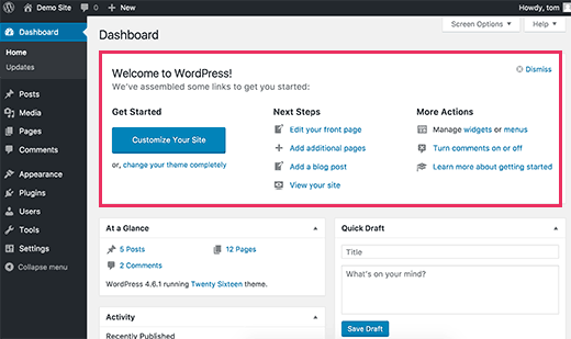 Panel de bienvenida en el tablero de administración de WordPress 