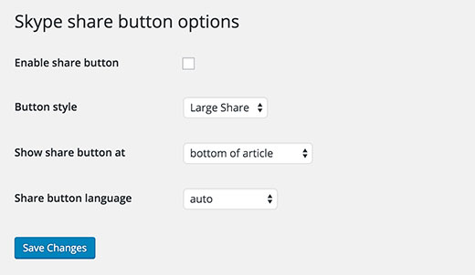 Página de configuración del botón de compartir de Skype 