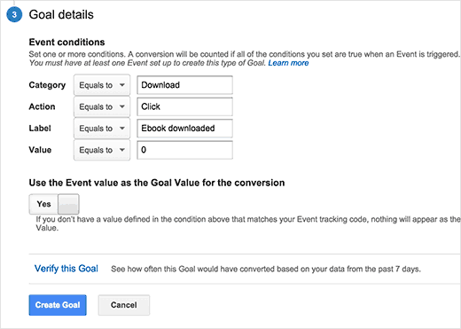 Ingresar condiciones de evento para objetivo personalizado en Google Analytics 