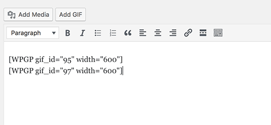 Código corto GIF en el editor de publicaciones de WordPress 