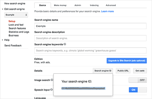 Copie su ID de motor de búsqueda personalizada de Google 