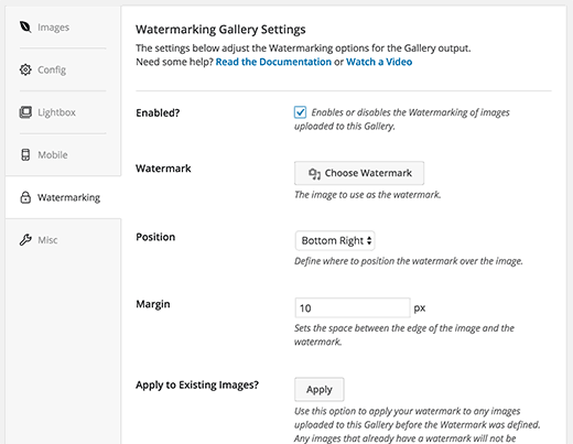 Configuraciones para el complemento de marca de agua en Envira Gallery 