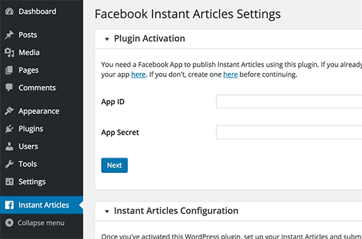 Artículos instantáneos Configuración del plugin WP 