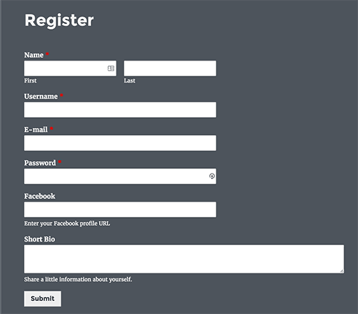 Vista previa del formulario de registro de usuario personalizado 