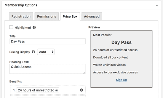 Configuración del cuadro de precios 