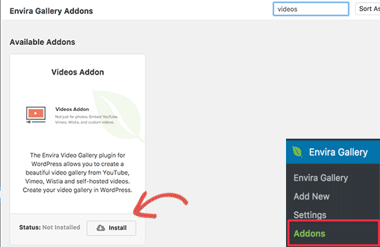 A continuación, debe dirigirse a la página de Envira Gallery »Complementos.  Verá todos los complementos disponibles para que los instale.  Busque el complemento Videos e instálelo. 
