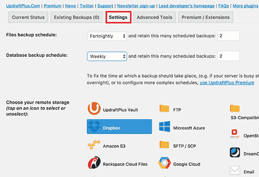 Configuración UpdraftPlus 