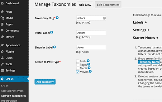 Crear taxonomía en el complemento de UI de CPT 