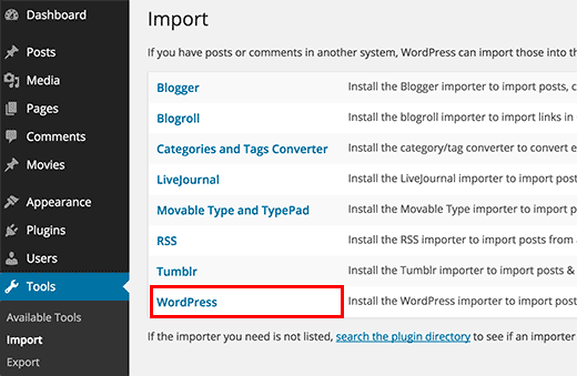 Herramienta de importación de WordPress 