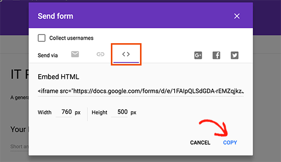 Copie el código de inserción de Google Forms 