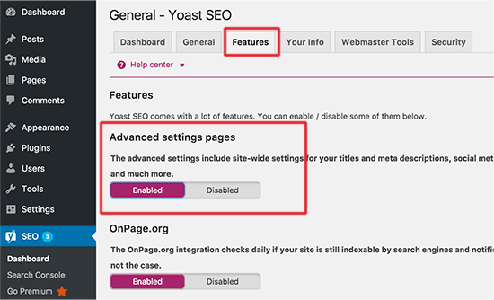 Habilite la página de configuración avanzada para Yoast SEO 