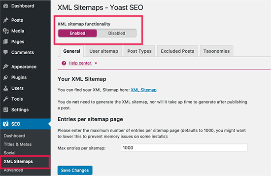 Habilitación de XML Sitemaps en el plugin Yoast WordPress SEO 