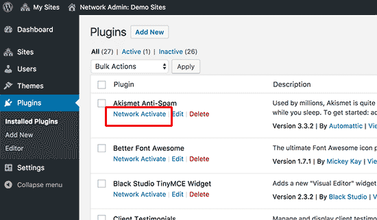 Los complementos de activación de red en un sitio web de WordPress 