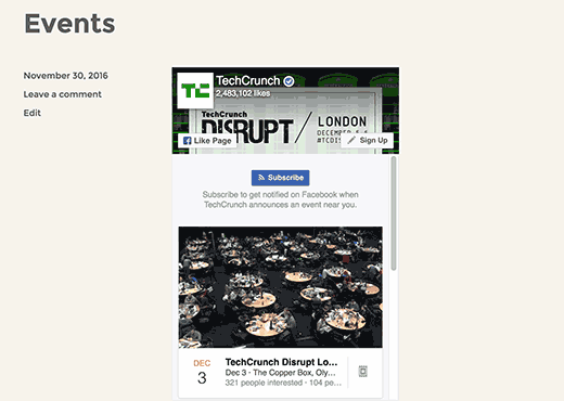 Evento de Facebook incrustado en una página de WordPress 