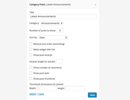 Configuración de widget de publicaciones de categoría 