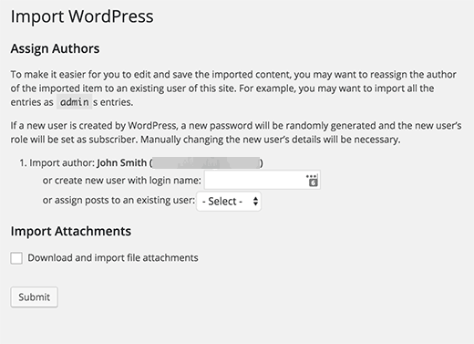 Configuración de importación de SquareSpace a WordPress 