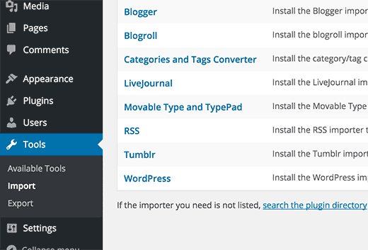 Página de importación de WordPress 