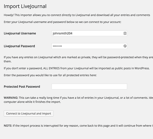 Configuración del Importador de LiveJournal 