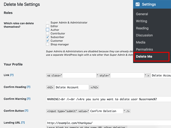 Eliminar configuración de mí 