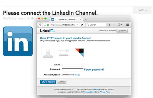 Autorice a IFTTT para acceder a su cuenta de LinkedIn 