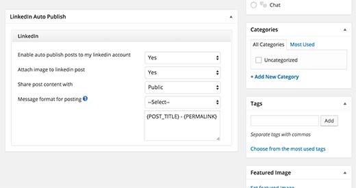 Linkedin Auto Publish meta box en la pantalla de edición de publicaciones en WordPress 