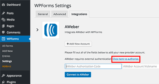 Integración de AWeber en la configuración de WPForms 